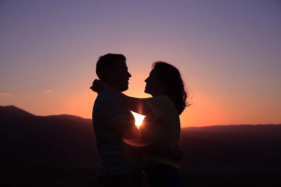 A couple sharing a confident moment at sunset