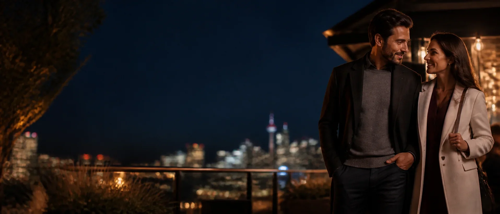Romantic couple silhouetted against warm city lights