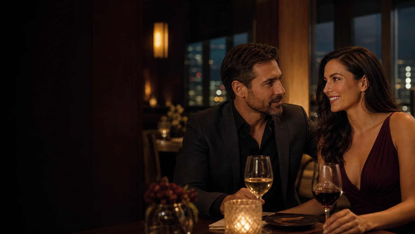 Elegant couple sharing a warm evening conversation at a refined restaurant