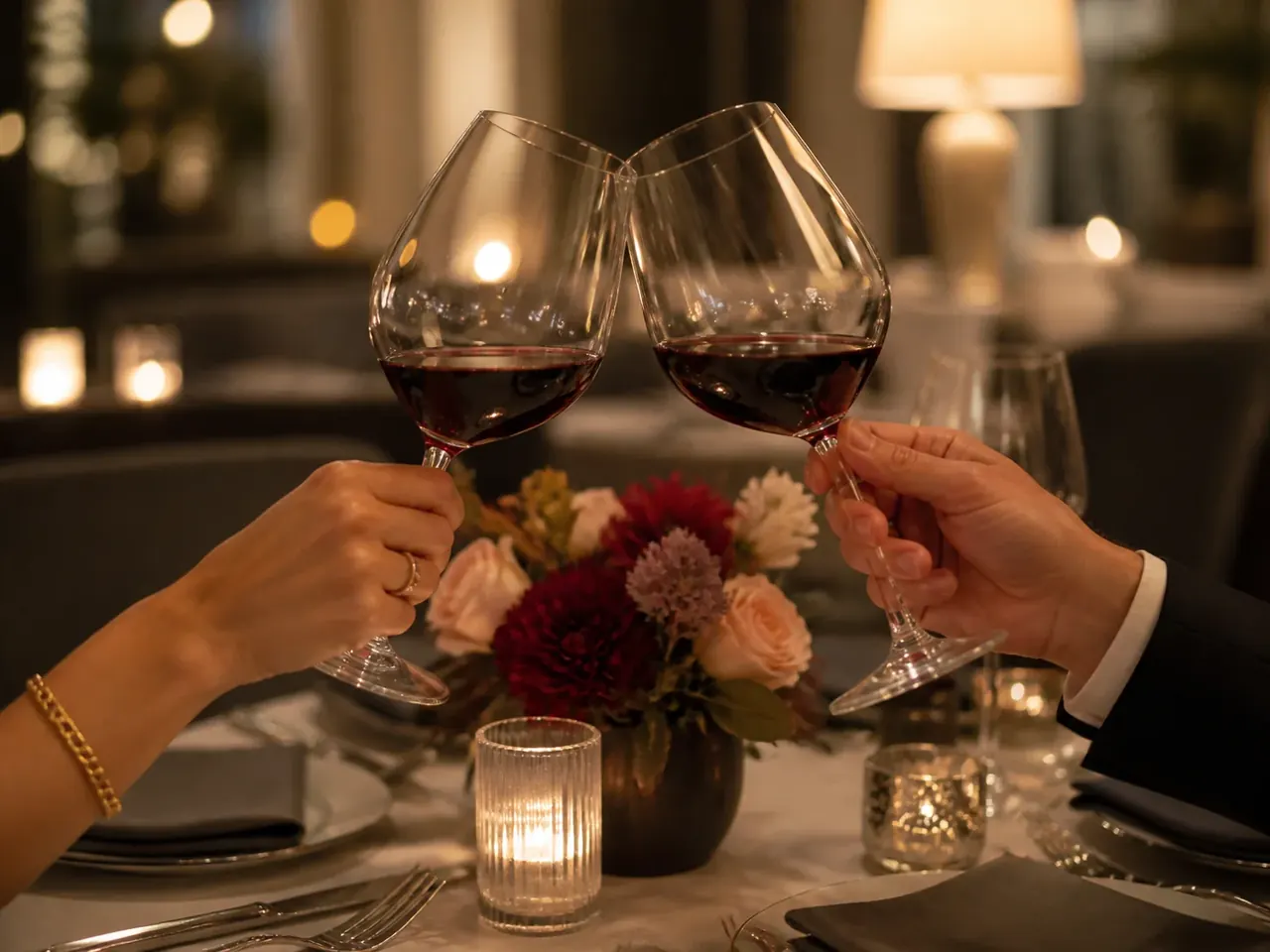 Clinking wine glasses in celebration
