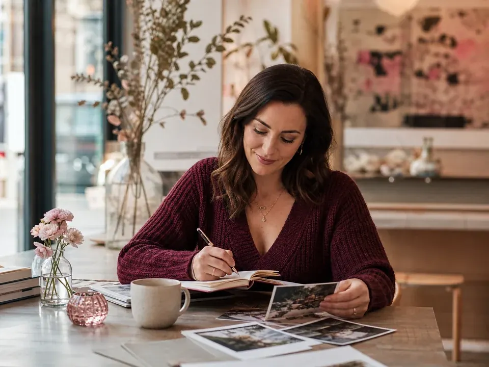 Confident woman writing profile notes in a bright creative café