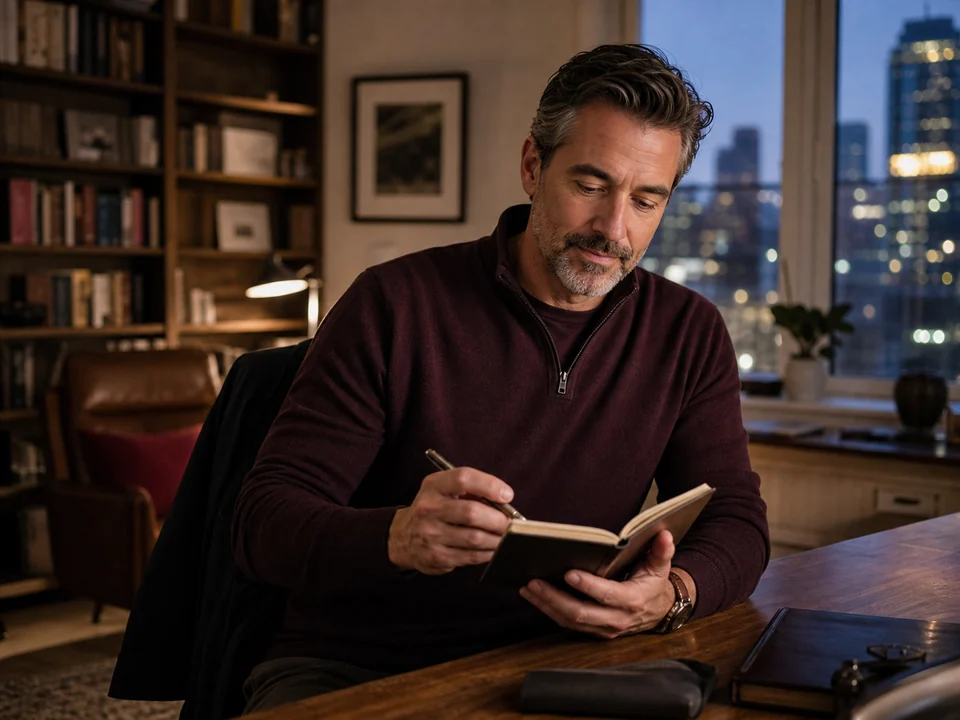 Mature man thoughtfully preparing notes in a warm city home study