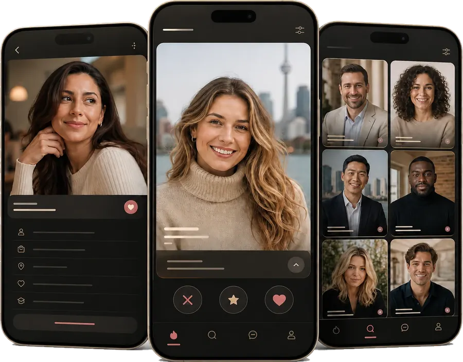 Three Sugar Baby Canada app screens showing a profile, discovery view and Canadian members