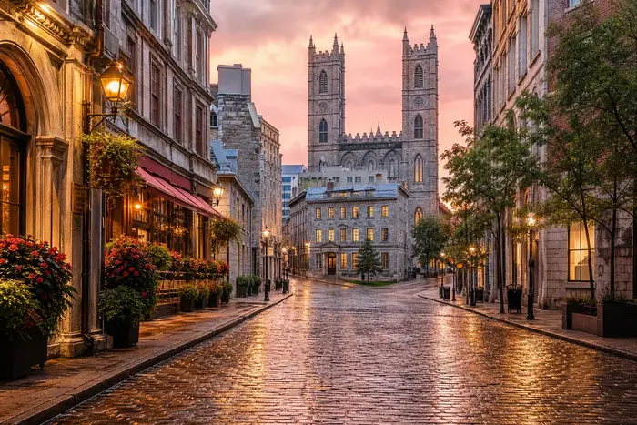 Old Montréal architecture and Notre-Dame Basilica at sunset