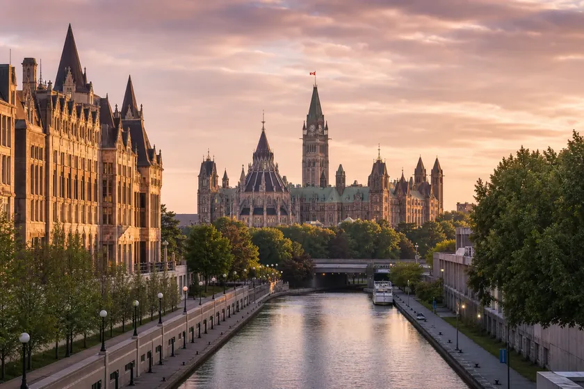 Ottawa Parliament buildings and the Rideau Canal at sunset
