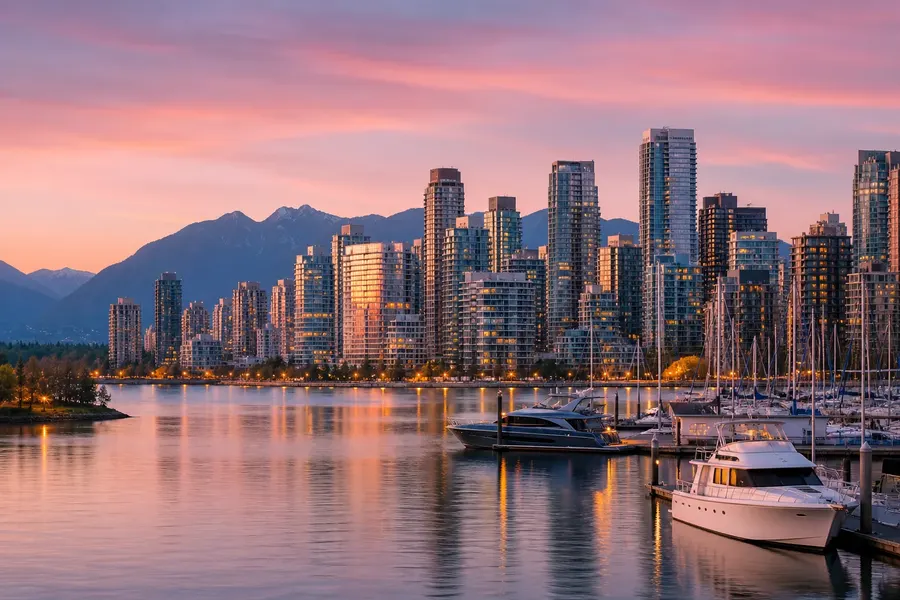 Vancouver waterfront, marina and mountain skyline at sunset