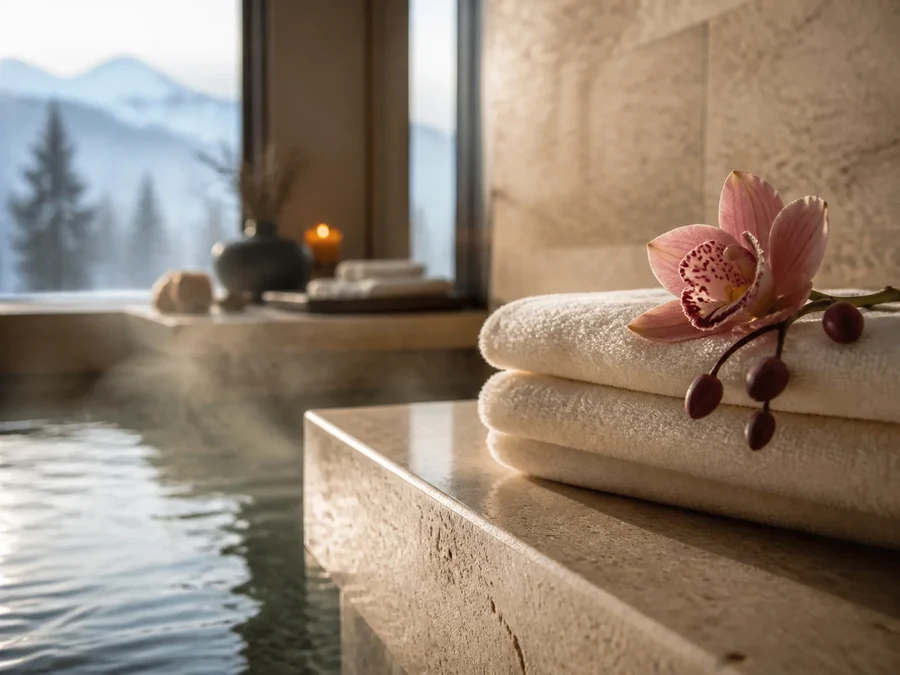 Relaxing spa day with candles and towels
